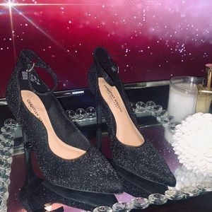 Christian Siriano Black Glitter Pointed Toe Ankle Strap Heels